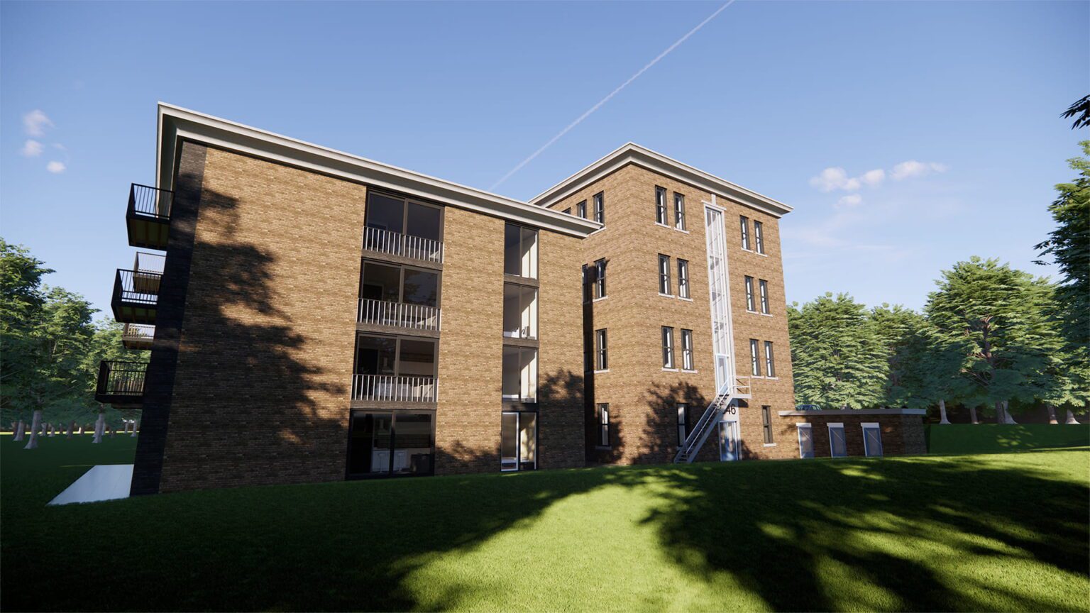 3D-render van de aanbouw aan de linker gevel van gebouw B46 – bouwkundig ontwerp KEMA-terrein Arnhem.