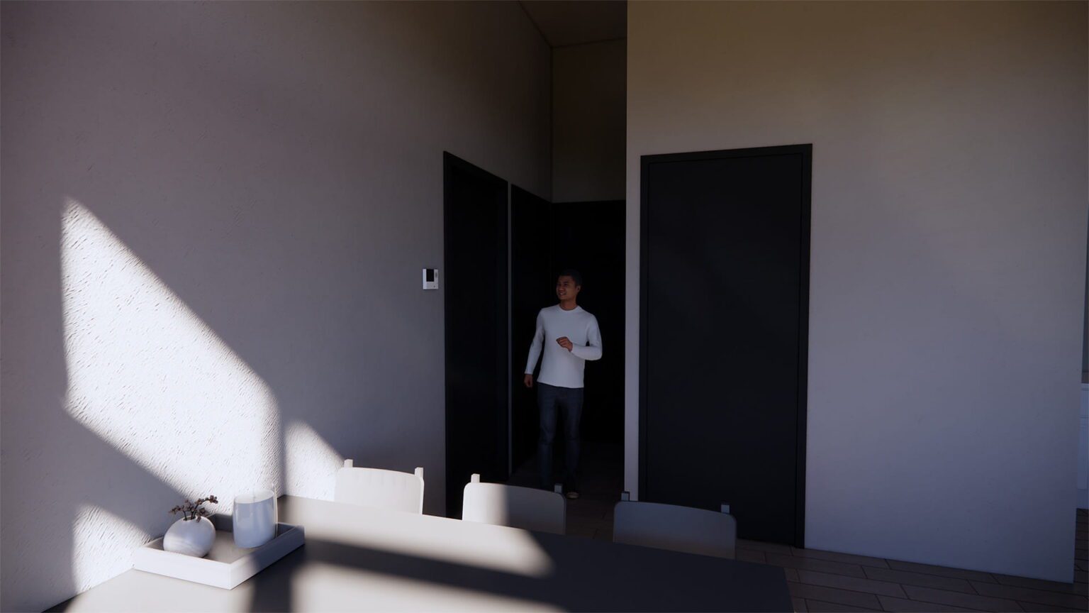 3D-render van het halletje in een nieuw appartement binnen gebouw B46 op het KEMA-terrein in Arnhem – Jansen Bouwtechnisch Ontwerp.