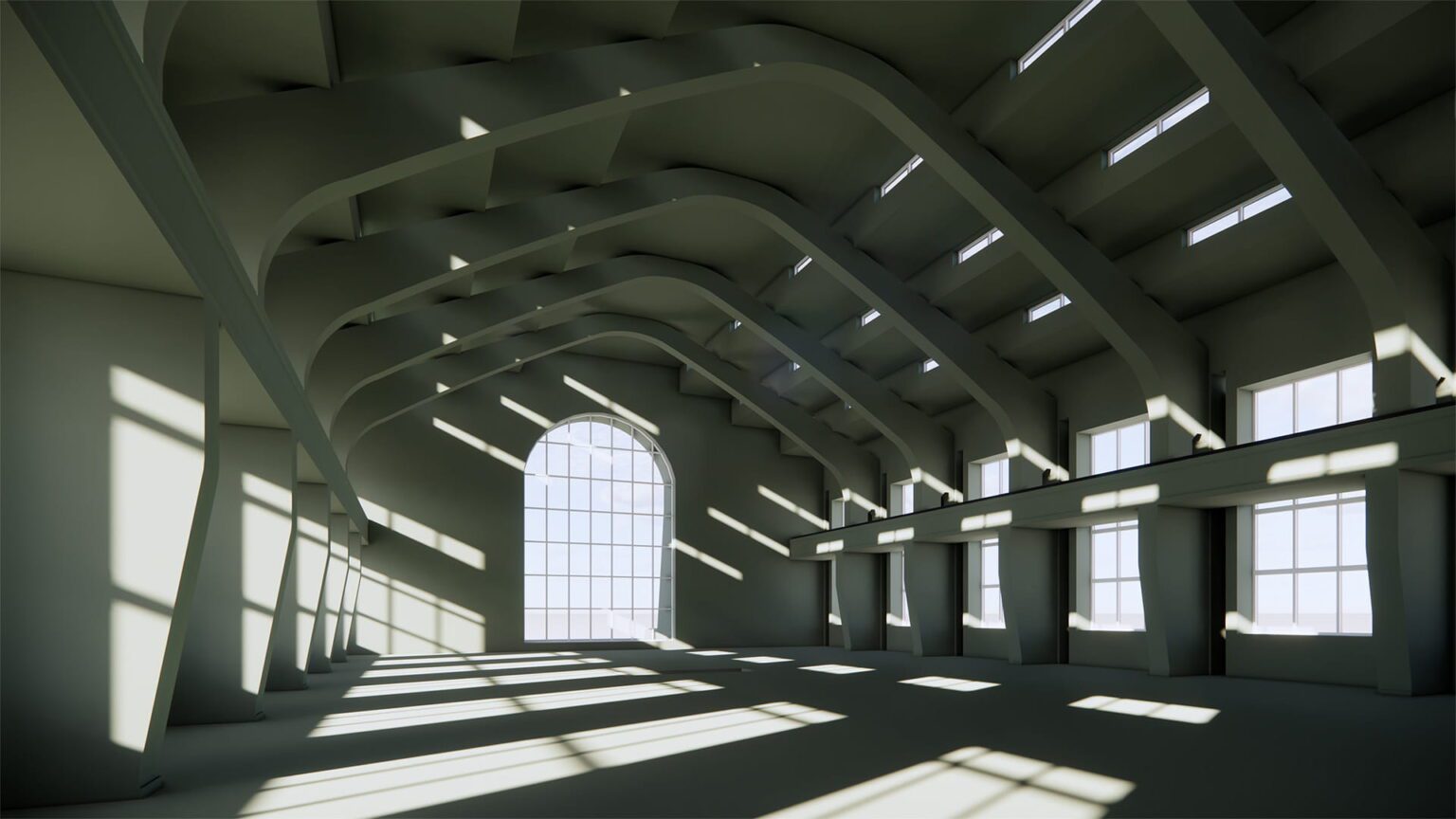 3D-render van de grote zaal van gebouw A – Radio Kootwijk, bouwkundig uitgewerkt door Jansen Bouwtechnisch Ontwerp.