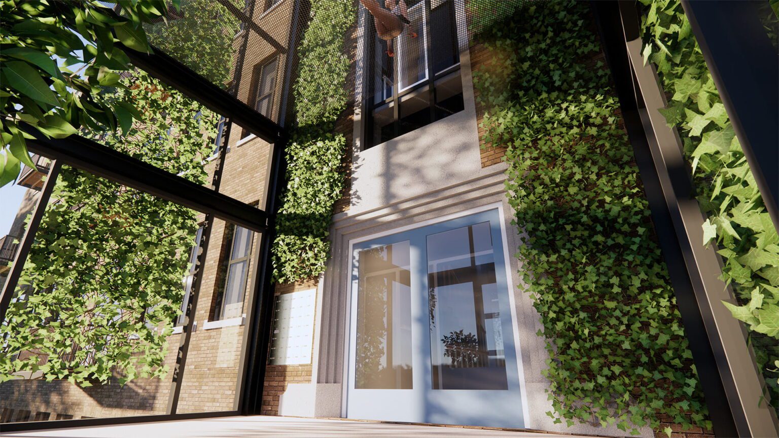 3D-render van het tochtportaal bij de ingang richting brievenbus van gebouw B46 – KEMA-terrein Arnhem.