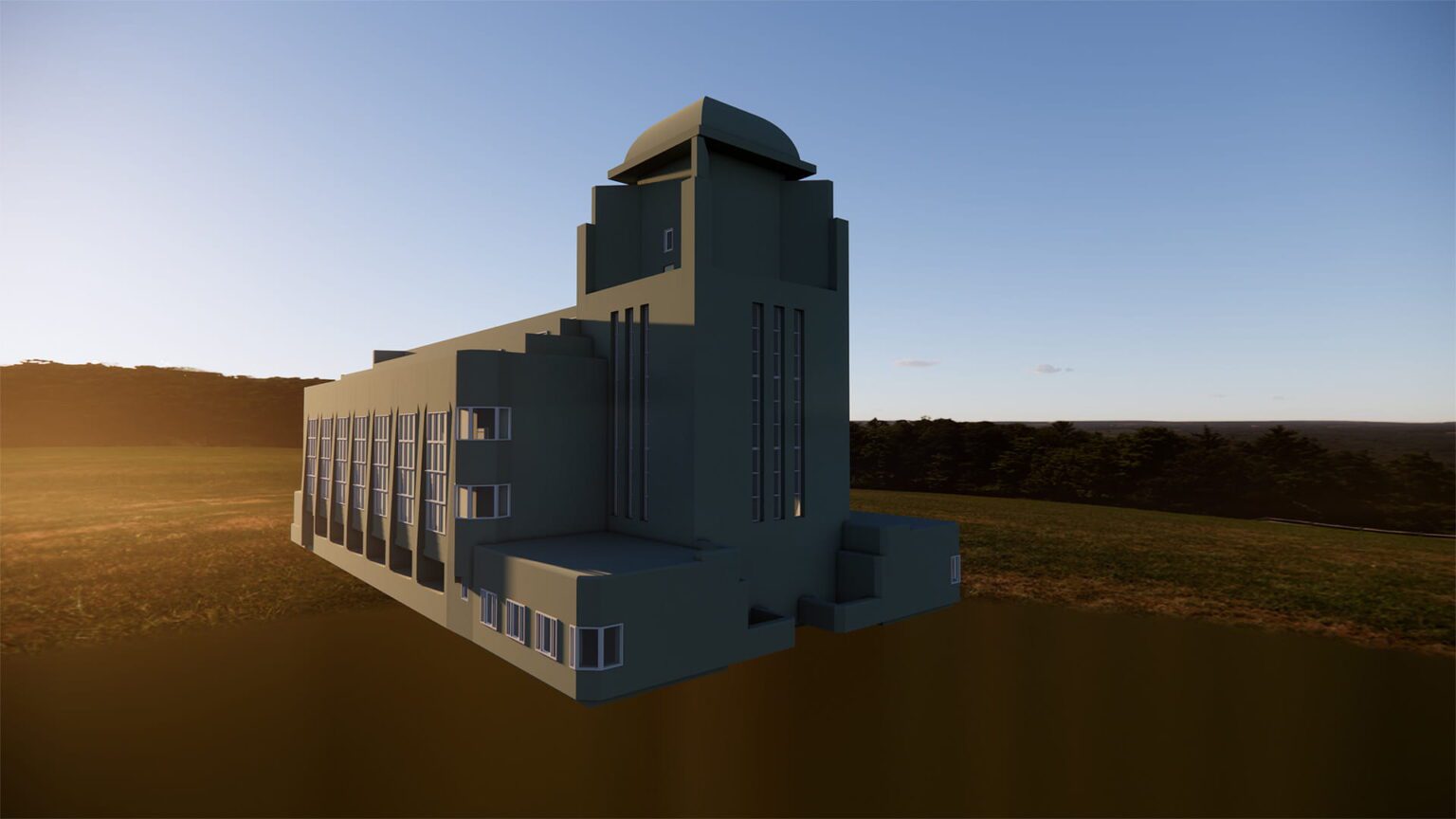 3D-render van gebouw A in Radio Kootwijk, weergegeven vanuit linksvoor perspectief bij zonsondergang – bouwkundig ontwerp en visualisatie door Jansen Bouwtechnisch Ontwerp.