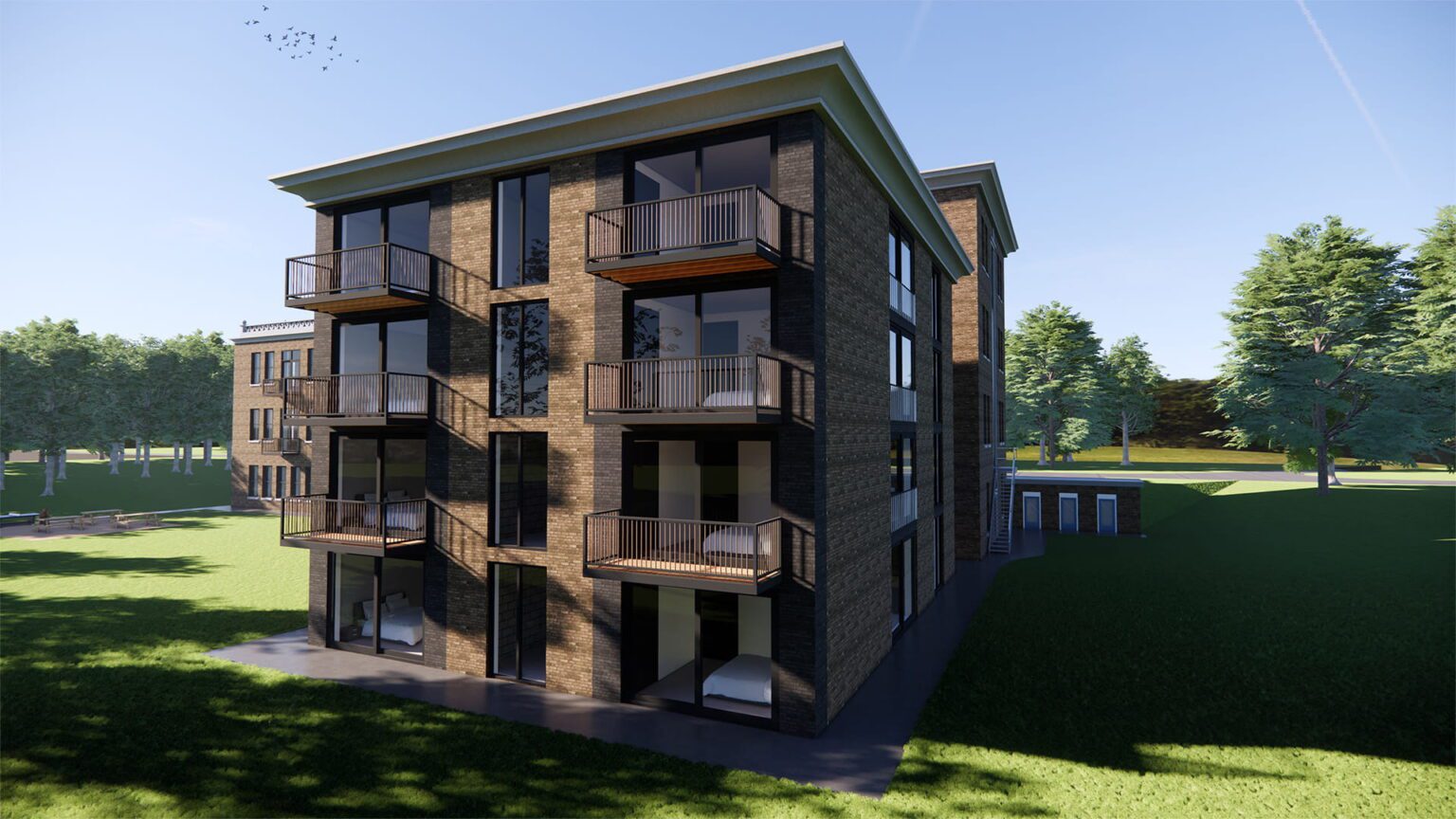 3D-render van de achtergevel van de nieuwbouw bij gebouw B46 op het KEMA-terrein in Arnhem – Jansen Bouwtechnisch Ontwerp.