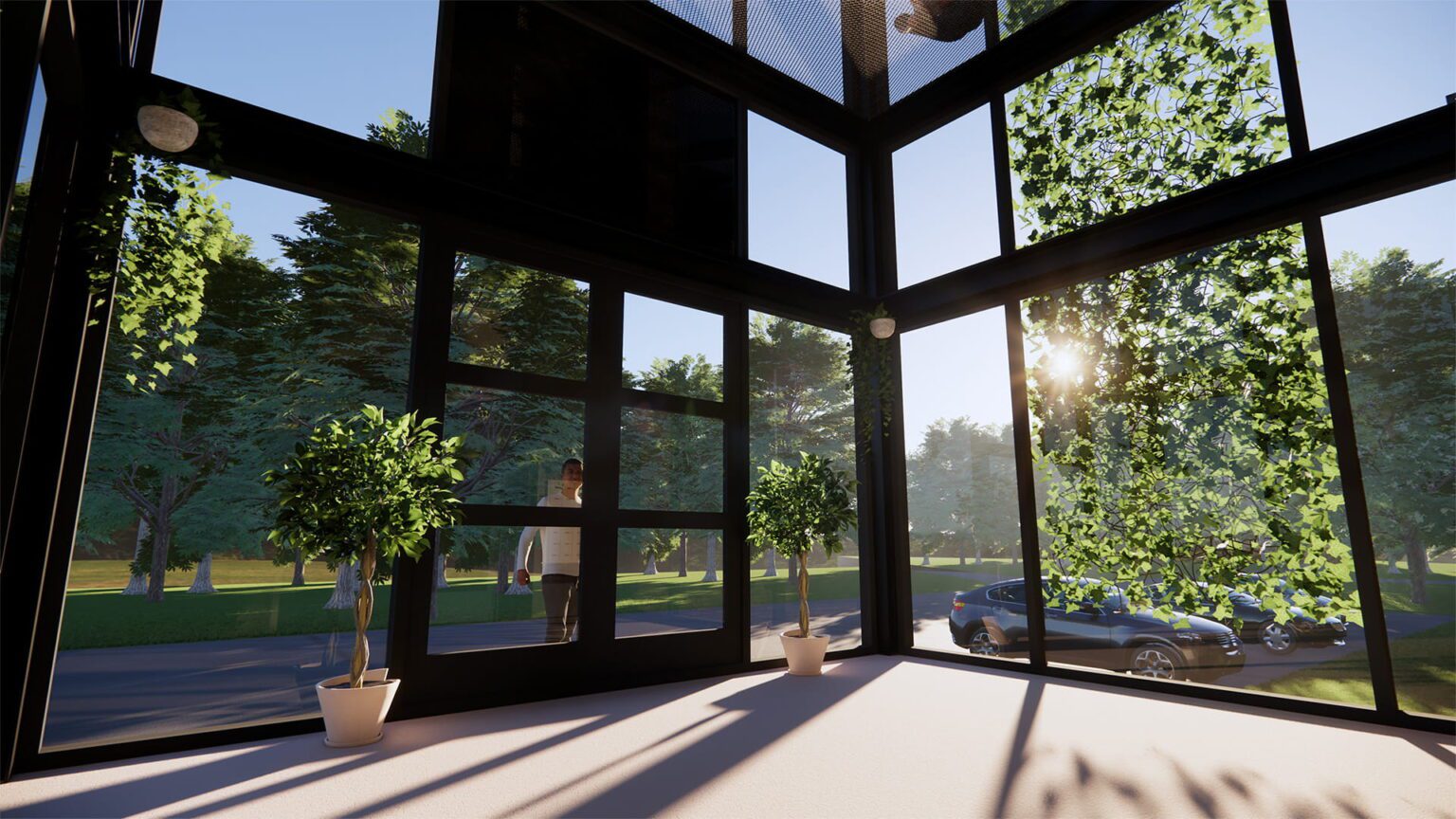 3D-render van het tochtportaal aan de binnenzijde van het tochtportaal van gebouw B46 – bouwkundig ontwerp door Jansen Bouwtechnisch Ontwerp.