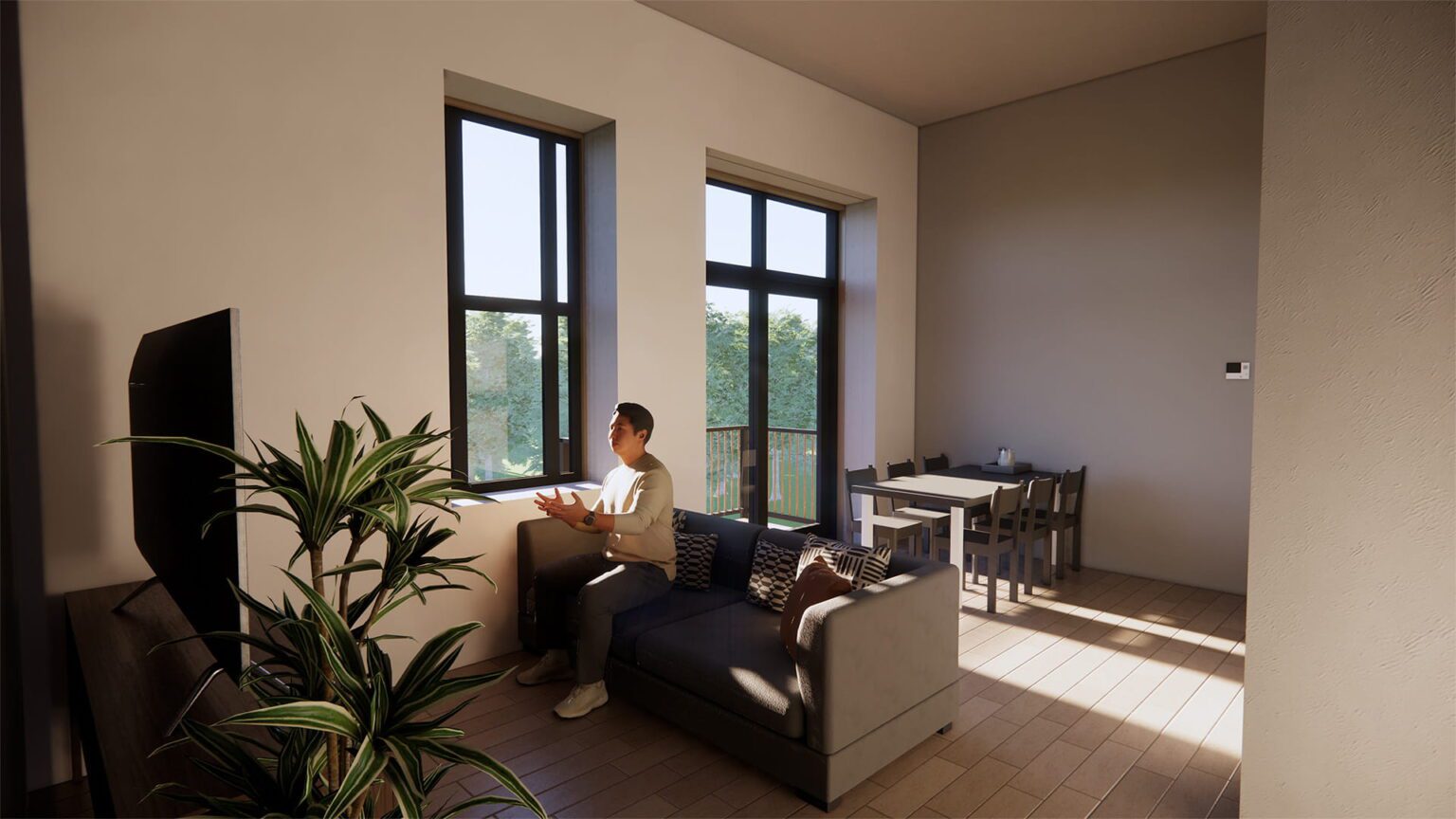 3D-render van de woonkamer van een nieuw appartement in gebouw B46 op het KEMA-terrein Arnhem – bouwkundig ontwerp door Jansen Bouwtechnisch Ontwerp.