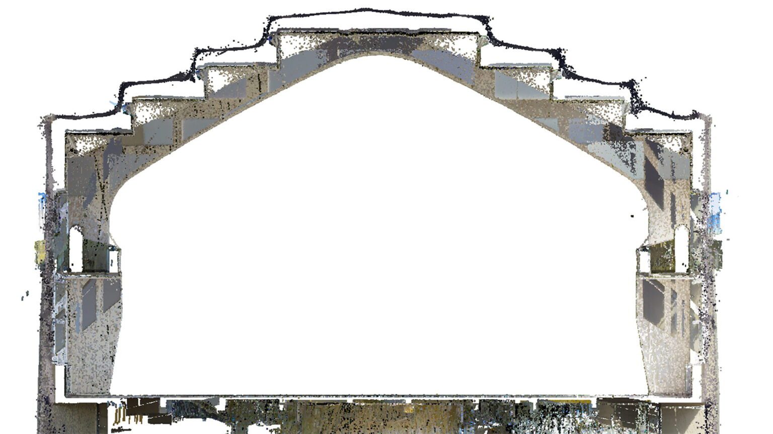 Doorsnede van de pointcloud door de grote zaal van gebouw A – Radio Kootwijk.